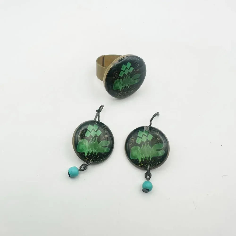 Artisan Jewelry Set Black Green Boho Jewelry Adjustable Ring Earring Lot of 2
